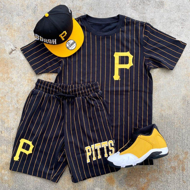 Preppy Fashion Striped Letter Print Short Sleeve Shorts Two-Piece Set