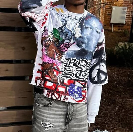 Fake Two Multi-element Print Long Sleeve T-Shirt