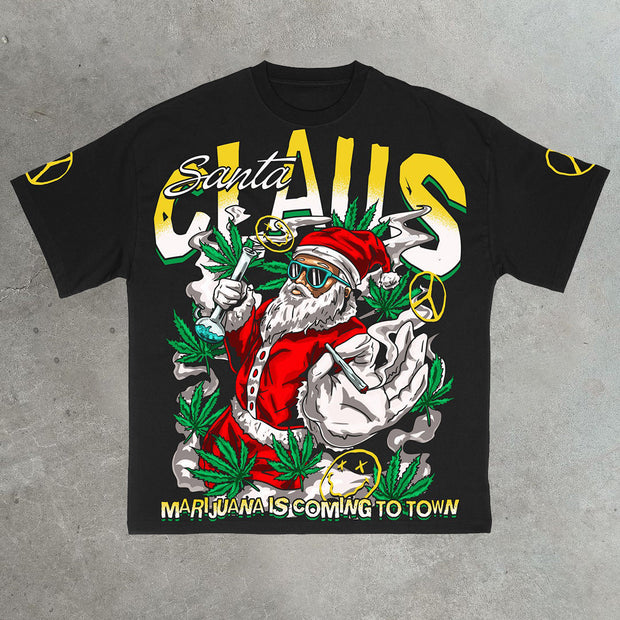 Christmas leaf print casual street cotton T-shirt