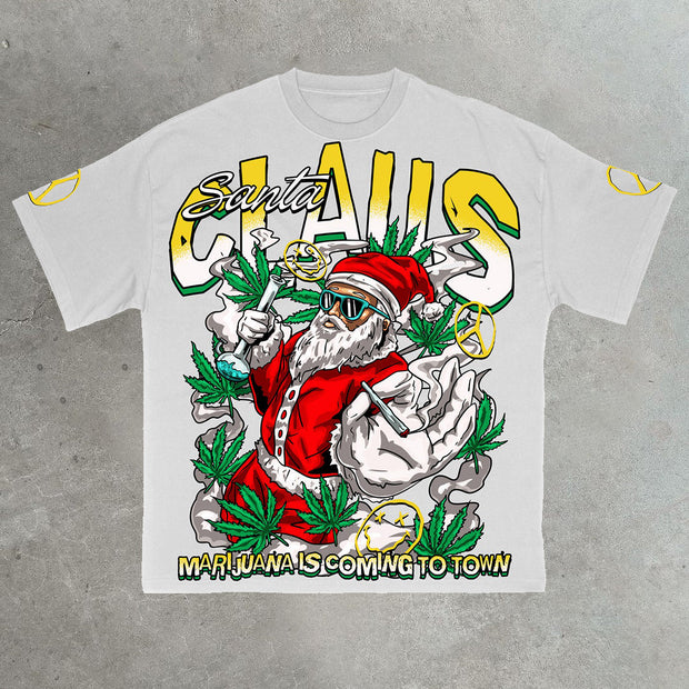 Christmas leaf print casual street cotton T-shirt