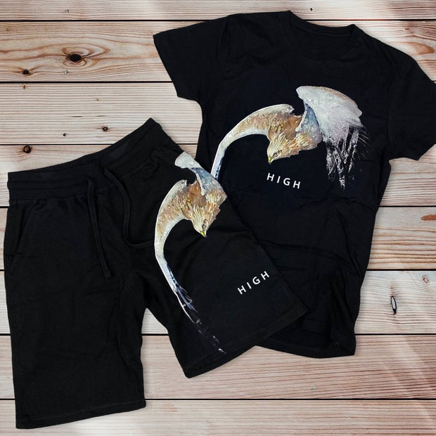 Casual Eagle Print Short Sleeve Suit