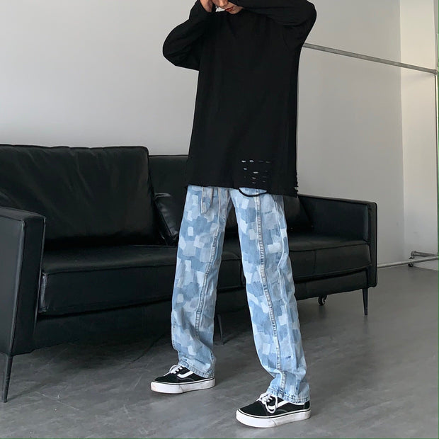 Personality high street straight wide leg pants casual loose high waist wild hip-hop washed denim trousers for men and women