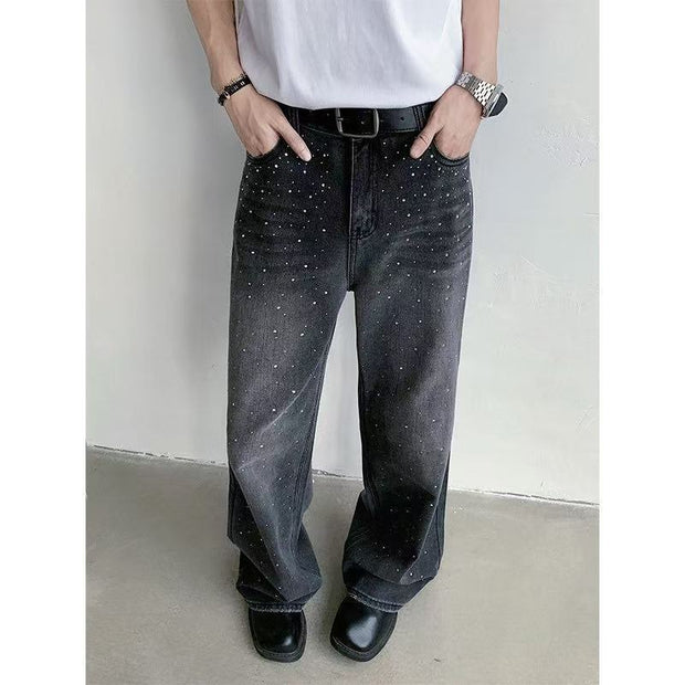 Loose-fitting Starry Rhinestones Jeans Straight-leg Pants