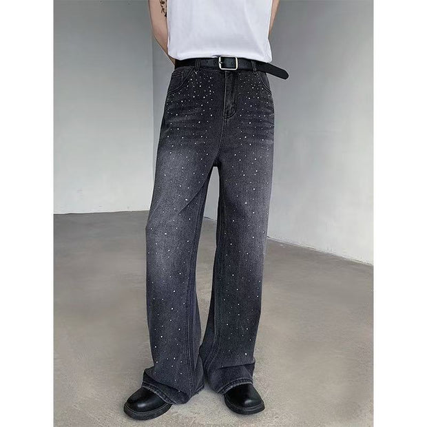 Loose-fitting Starry Rhinestones Jeans Straight-leg Pants