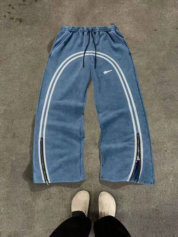Zipper Design Long Street Wear Drawstring Baggy Sweatpants
