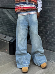 Fashion Design Cotton Rhinestone Baggy Jeans