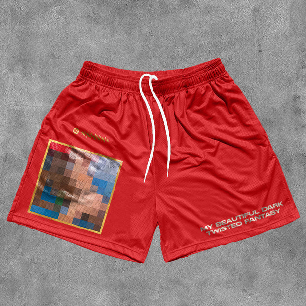My Beautiful Dark Twisted Fantasy Print Mesh Drawstring Shorts