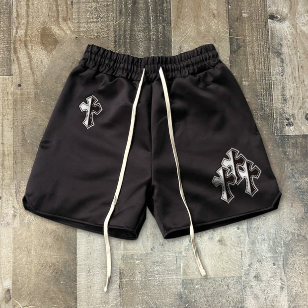 Colorblock cross print hip-hop fashion casual shorts