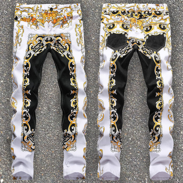 Color dial craft printing personality retro small straight denim trousers