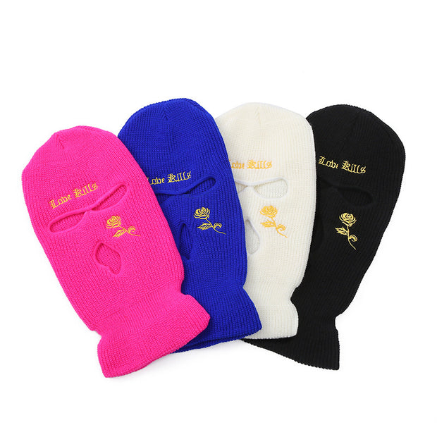 Three-hole cap letter embroidery knitted hat windproof warm hip-hop mask outdoor riding headgear