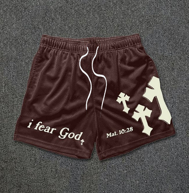 Letters & Cross Print Mesh Shorts