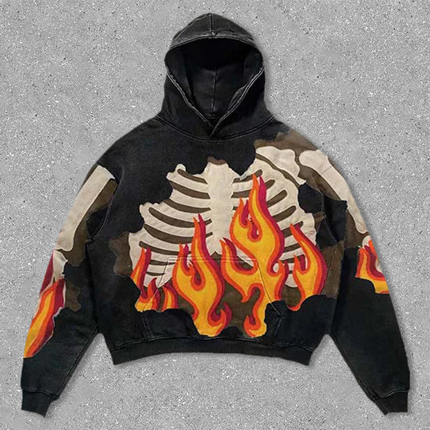 flame skeleton print hoodie
