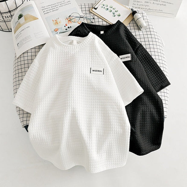 Waffle logo embroidered loose short-sleeved T-shirt