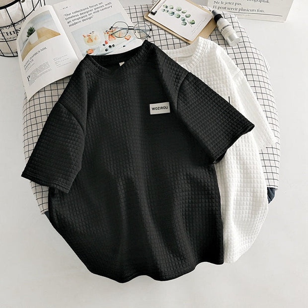 Waffle logo embroidered loose short-sleeved T-shirt