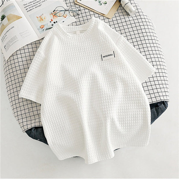 Waffle logo embroidered loose short-sleeved T-shirt