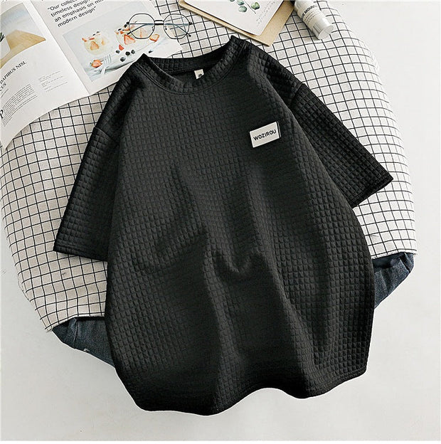 Waffle logo embroidered loose short-sleeved T-shirt