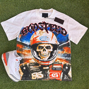 Racing skull print crew neck T-shirt