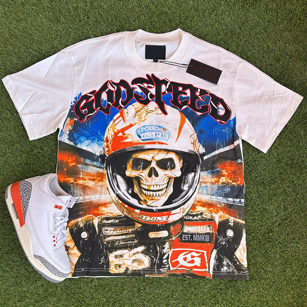 Racing skull print crew neck T-shirt