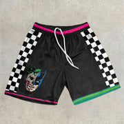 Trendy printed plaid mesh colorblock shorts