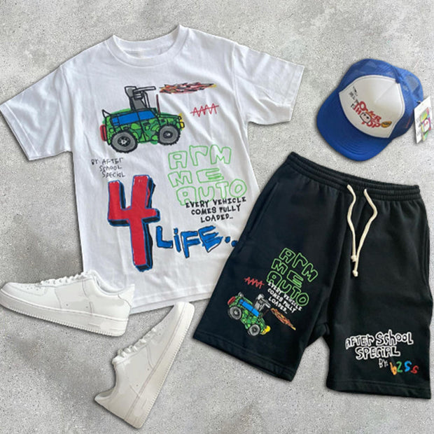 Graffiti Print Colorblock Short Sleeve Two Piece