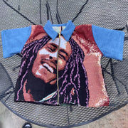 Street Color Block Tapestry Print Short Sleeve Zip-Up Jacket