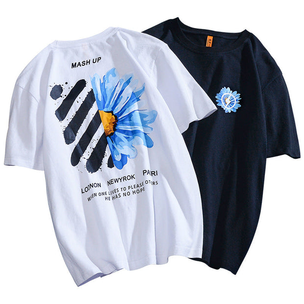 Loose cotton printed round neck short sleeves