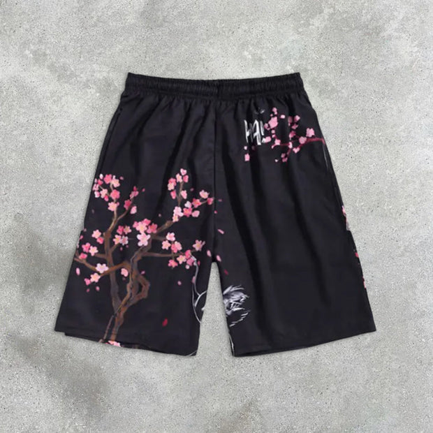 Sakura Graphic Print Drawstring Shorts