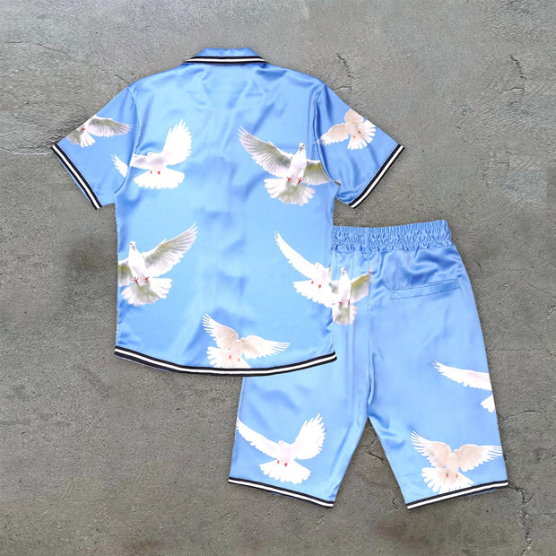 Artistic print casual trendy brand pigeon short-sleeved shorts suit