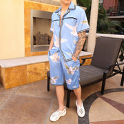 Artistic print casual trendy brand pigeon short-sleeved shorts suit