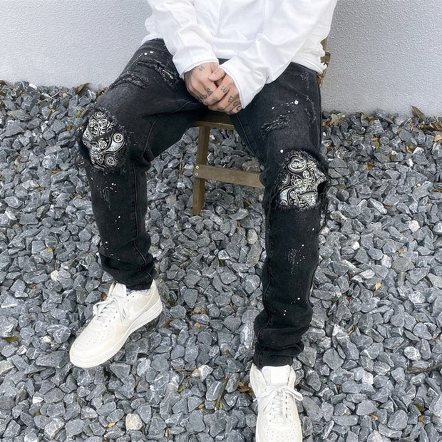 Vintage wash distressed straight ripped jeans