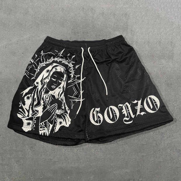 Virgin Mary Print Mesh Drawstring Shorts
