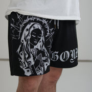 Virgin Mary Print Mesh Drawstring Shorts