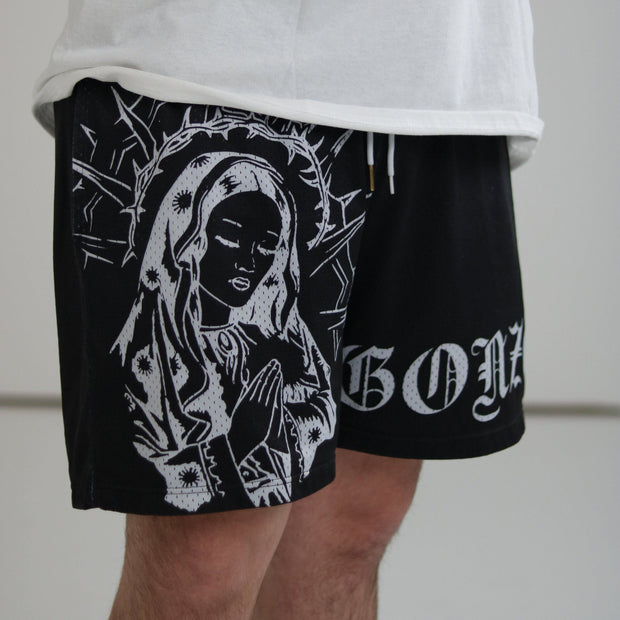 Virgin Mary Print Mesh Drawstring Shorts