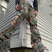 Retro green print street style straight-leg trousers