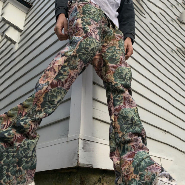 Retro green print street style straight-leg trousers