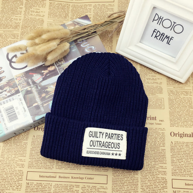 Three letter patch solid color couple knitted beanie