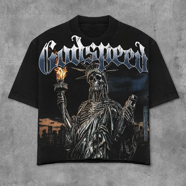 Statue Of Liberty Skull Print Short Sleeve T-Shirt