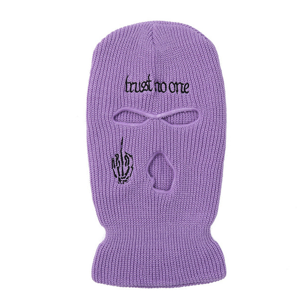 Embroidered warm letter wool hat outdoor windproof hip-hop mask head cover three-hole knitted hat