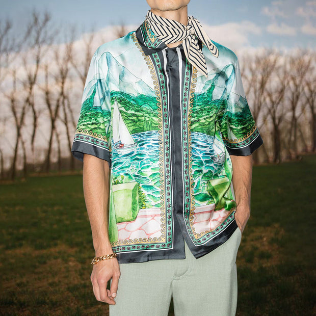 Landscape painting custom printed fashion short-sleeved shirt