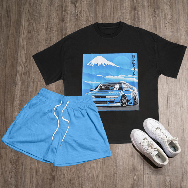 Anime Car Print T-Shirt Shorts Two-Piece Set