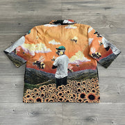 Album Print Zipper Short-Sleeved Shirt Jacket