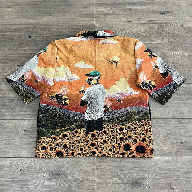 Album Print Zipper Short-Sleeved Shirt Jacket