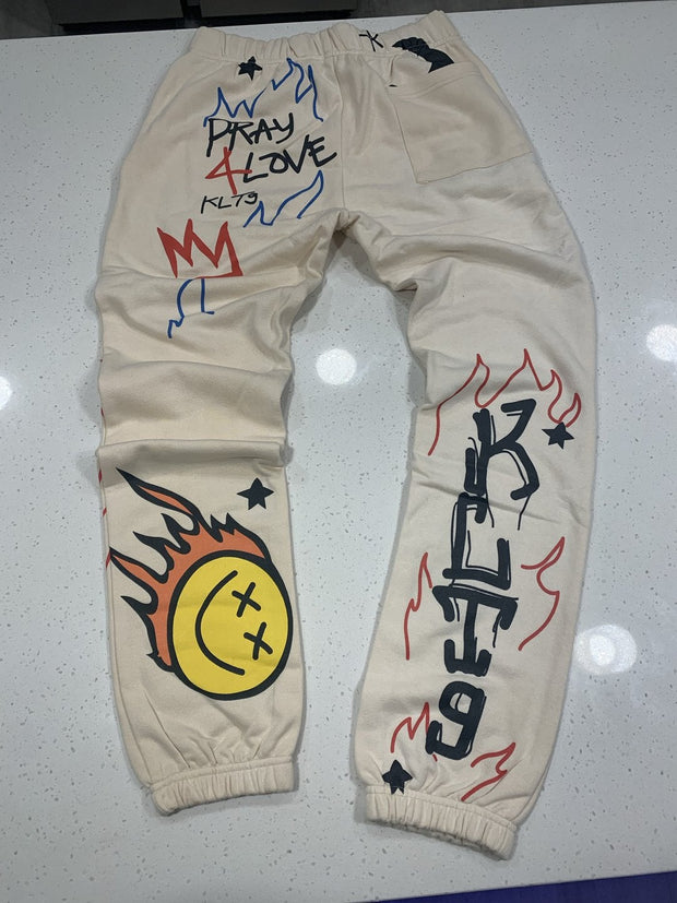 Personalized street style graffiti print loose round neck sweatshirt suit