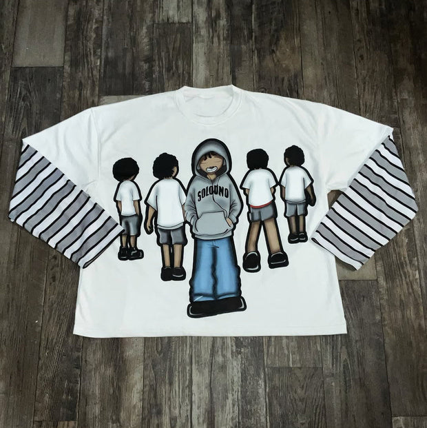 Fake Two Cartoon Print Long Sleeve T-Shirt