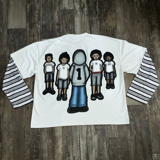 Fake Two Cartoon Print Long Sleeve T-Shirt
