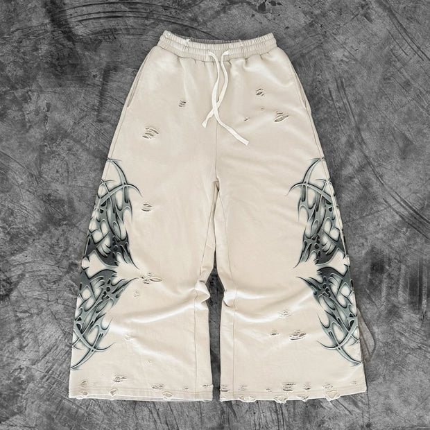 Street style ripped print wide-leg pants