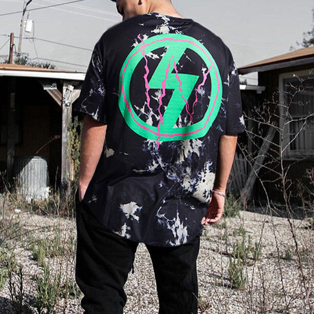 Personalized Contrast Lightning Print Tie-Dye Short Sleeve T-shirt