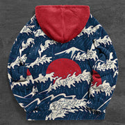 Vintage Wave Print Colorblock Plush Hoodies