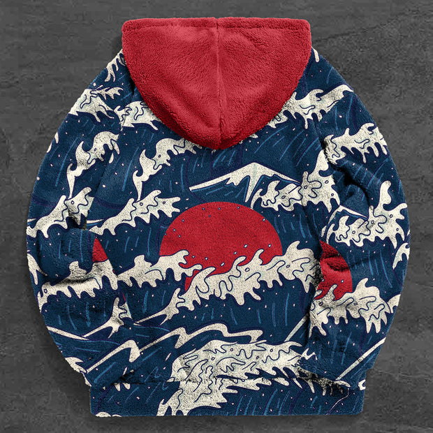 Vintage Wave Print Colorblock Plush Hoodies
