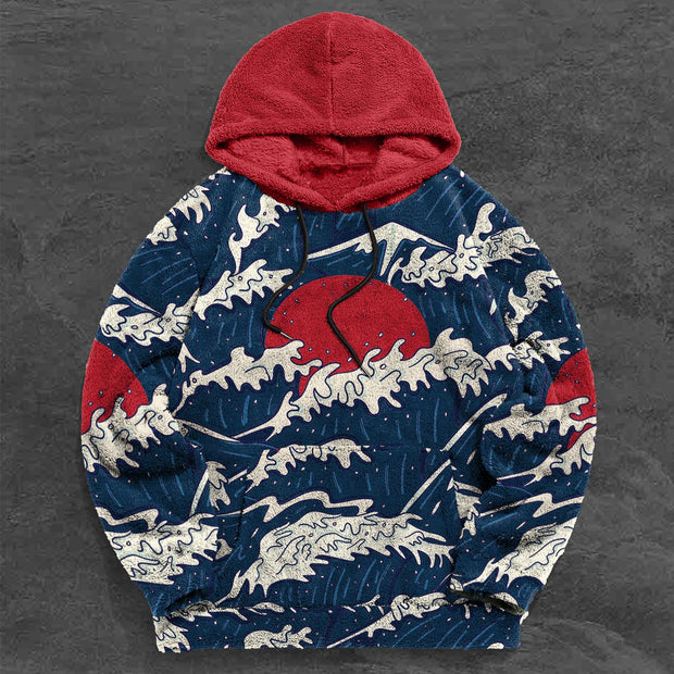 Vintage Wave Print Colorblock Plush Hoodies